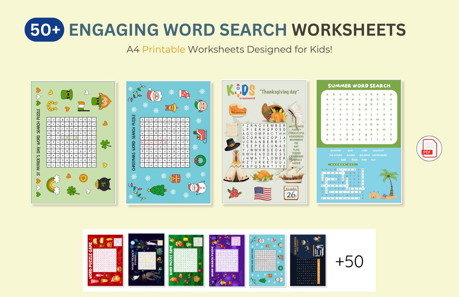 50+ Engaging Word Search Worksheets – Set A for Kids (A4 Printable)