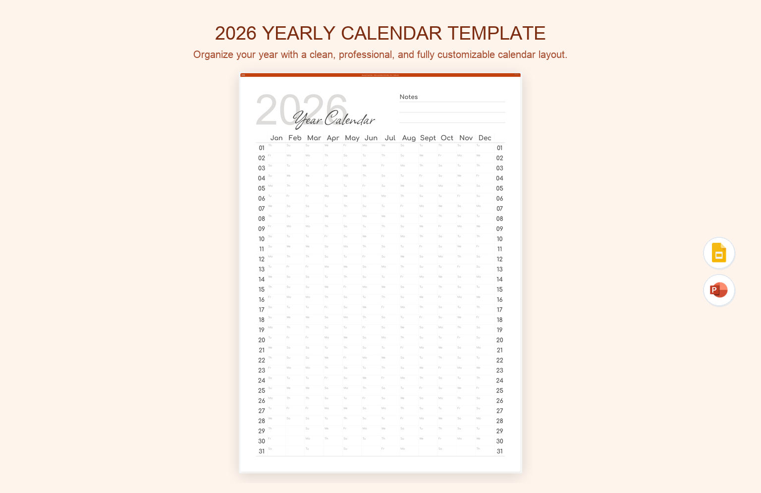 2026 Yearly Calendar Template