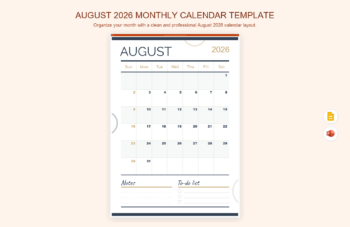 August 2026 Monthly Calendar Template