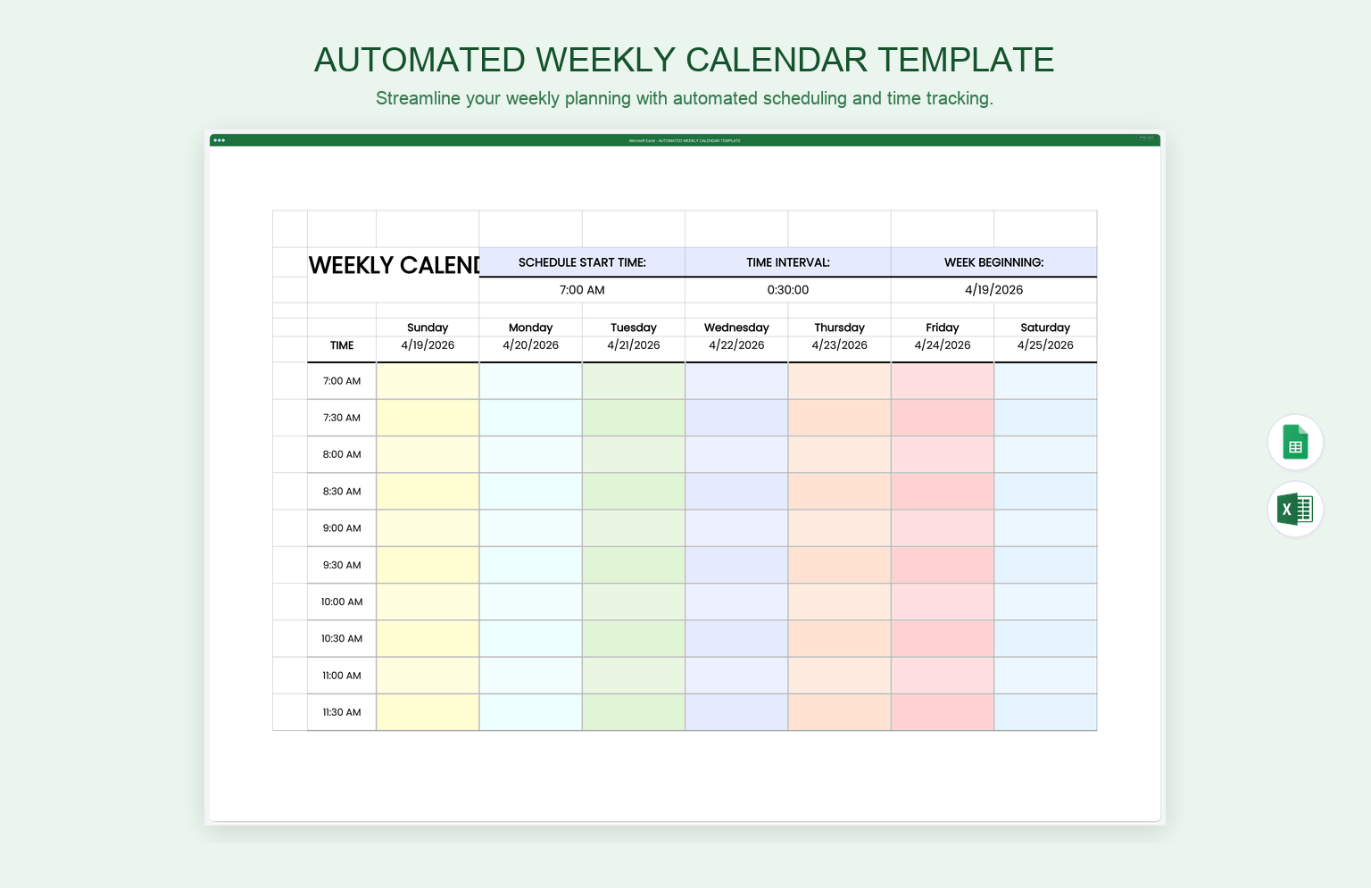 Automated Weekly Calendar Template