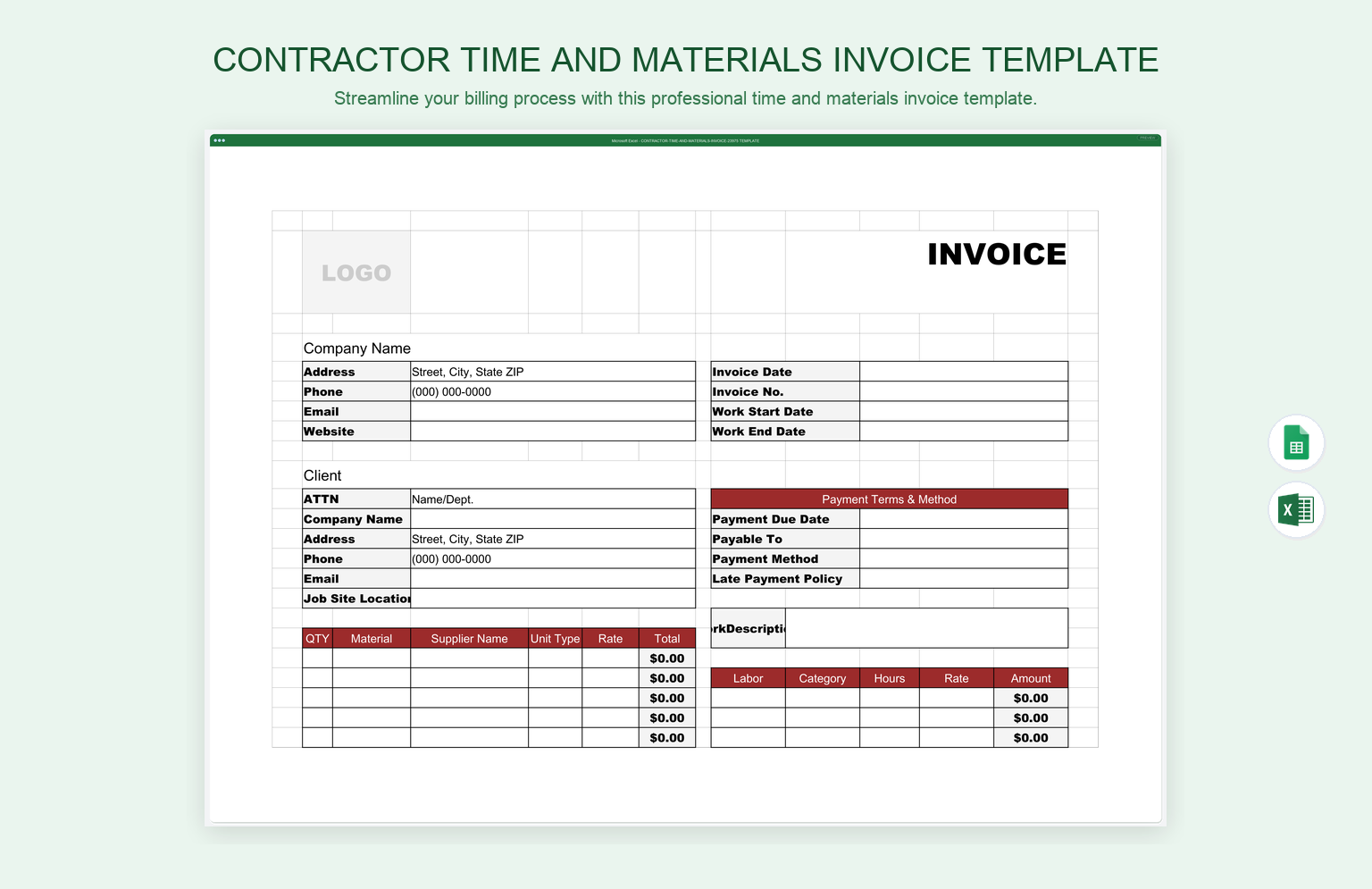 Contractor Time and Materials Invoice Template product preview thumbnail