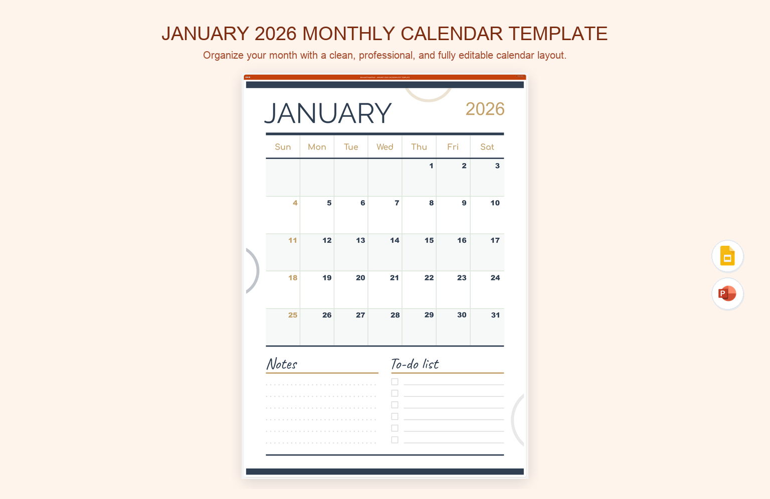 January 2026 Monthly Calendar Template