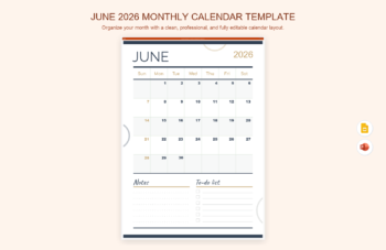 June 2026 Monthly Calendar Template