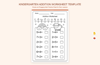 Kindergarten Addition Worksheet Template product preview thumbnail