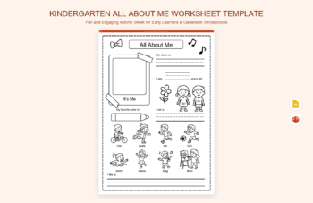 Kindergarten All About Me Worksheet Template product preview thumbnail