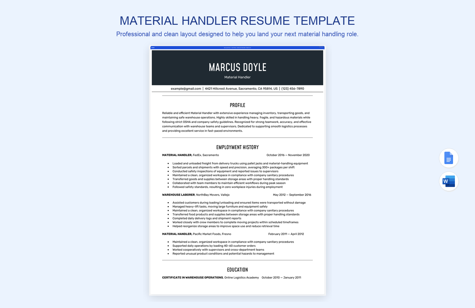 Material Handler Resume Template