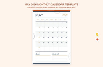 May 2026 Monthly Calendar Template