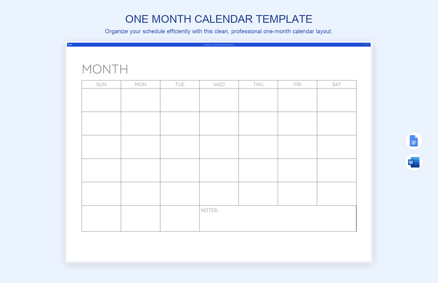 One Month Calendar Template