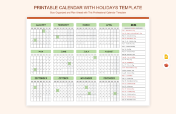 Printable Calendar with Holidays Template