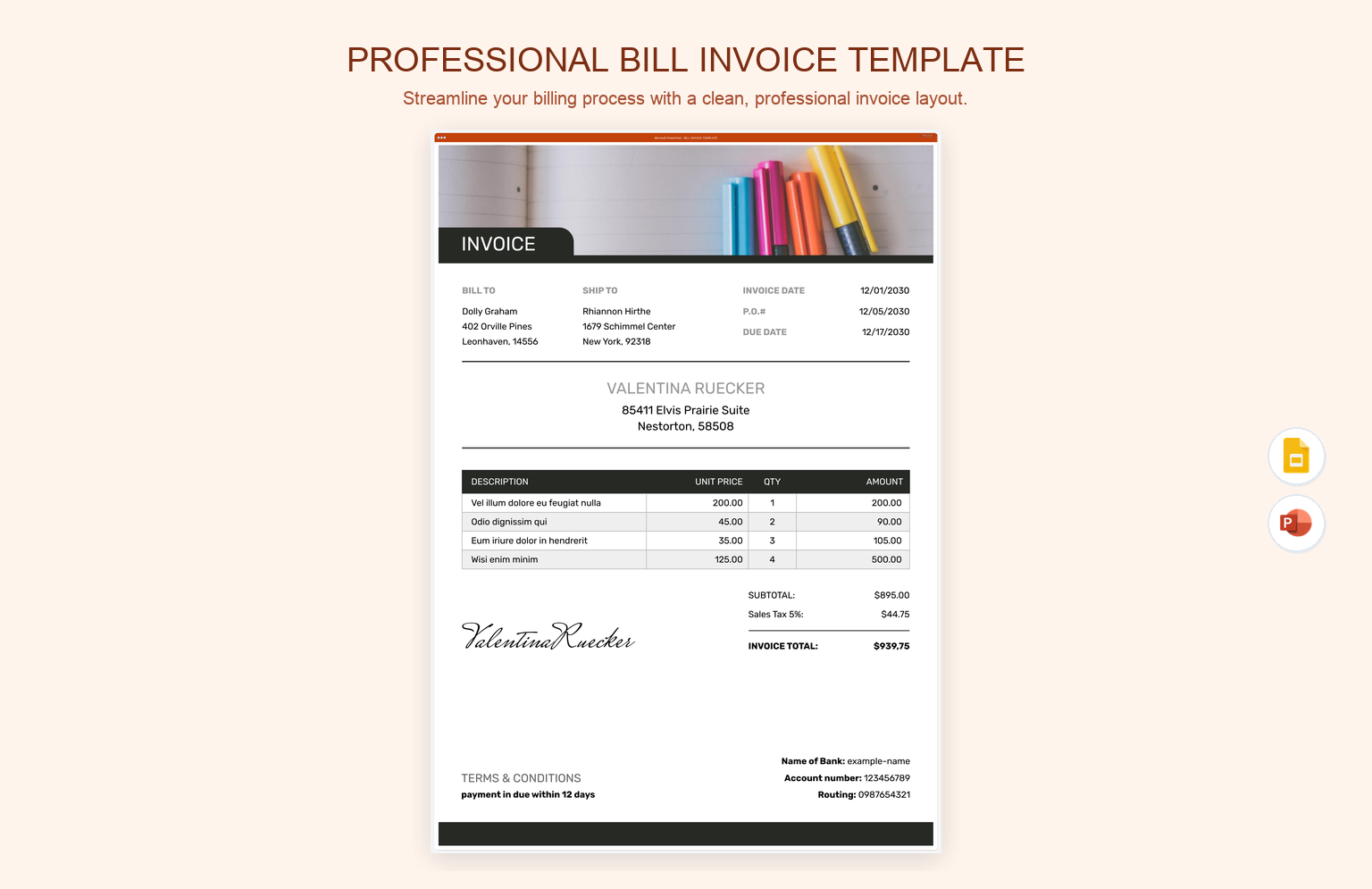 Professional Bill Invoice Template product preview thumbnail