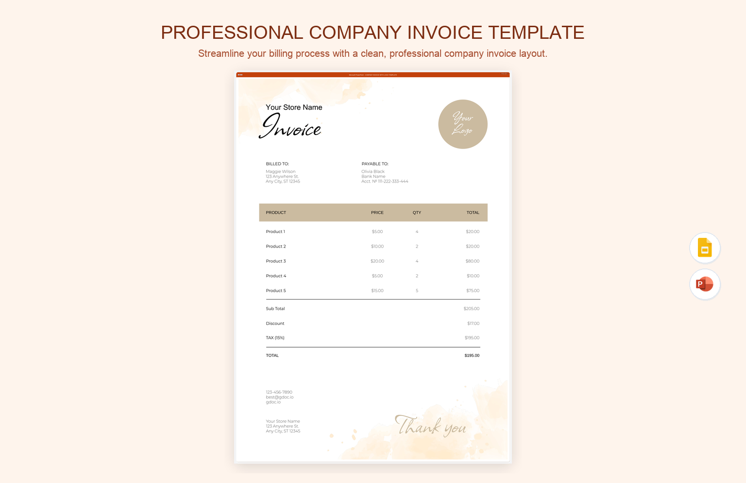 Professional Company Invoice Template product preview thumbnail