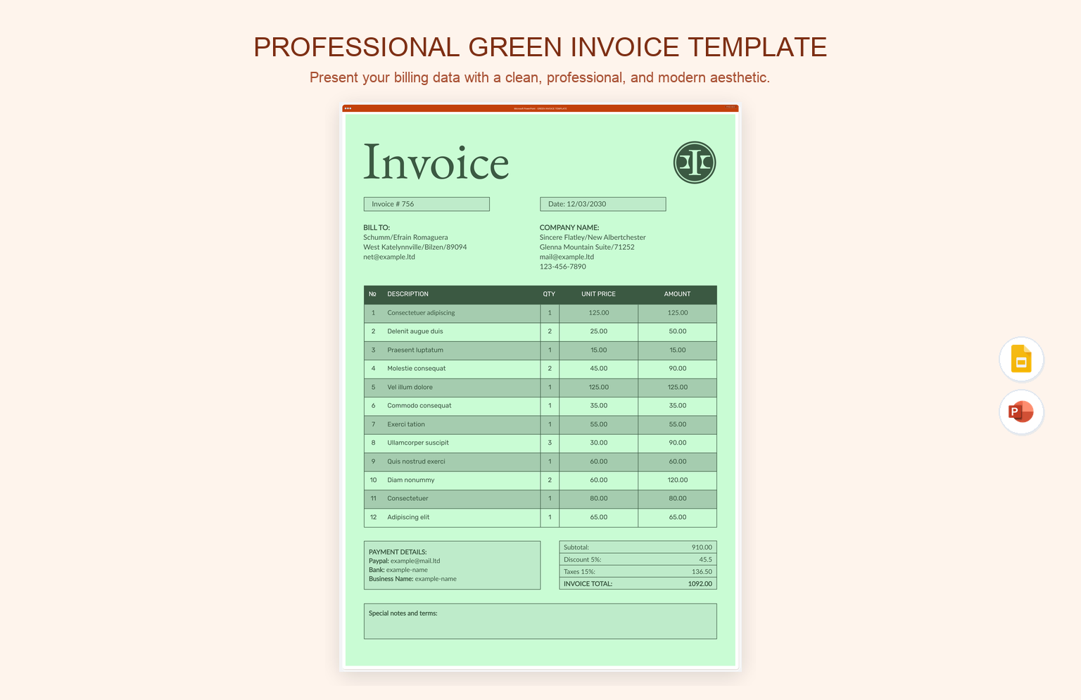 Professional Green Invoice Template product preview thumbnail