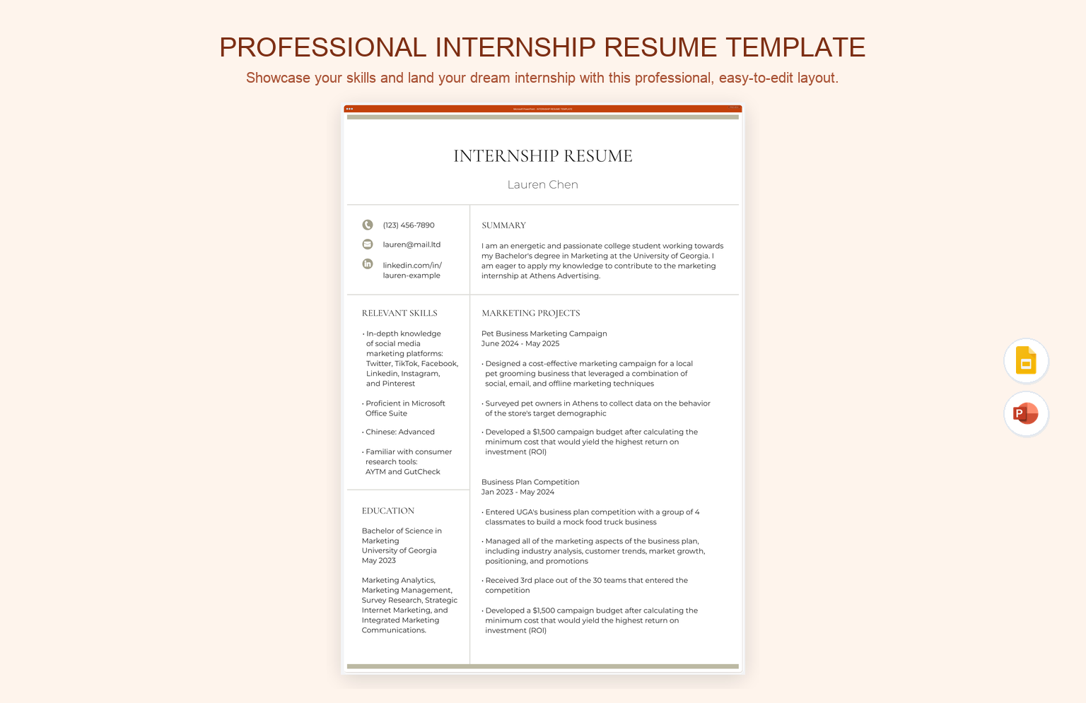Professional Internship Resume Template