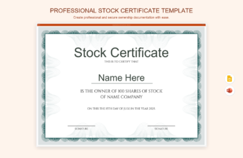 Professional Stock Certificate Template product preview thumbnail
