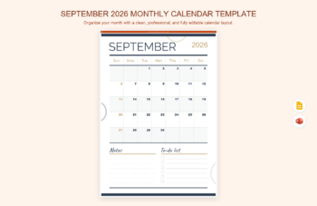 September 2026 Monthly Calendar Template