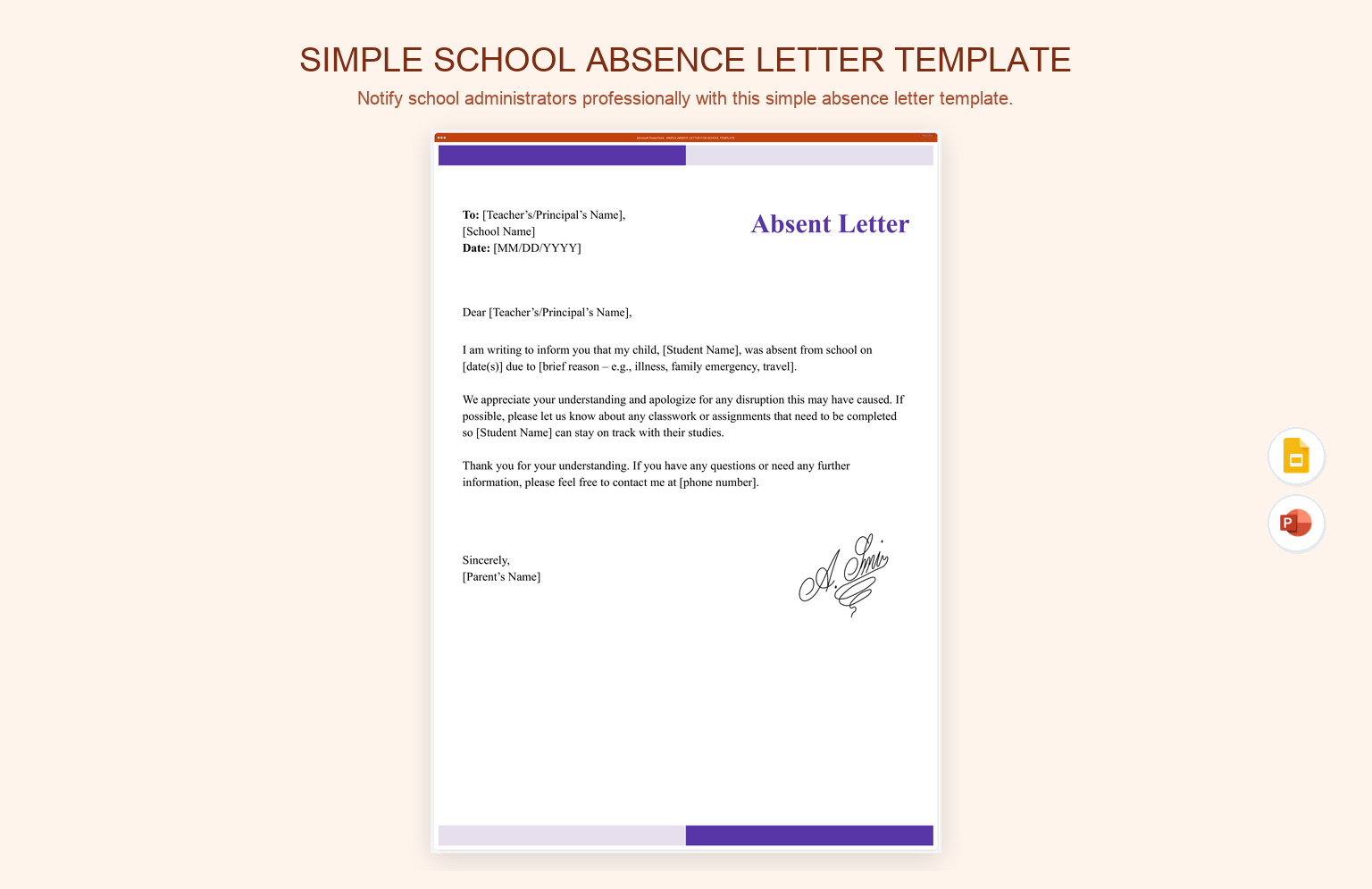 Simple School Absence Letter Template product preview thumbnail