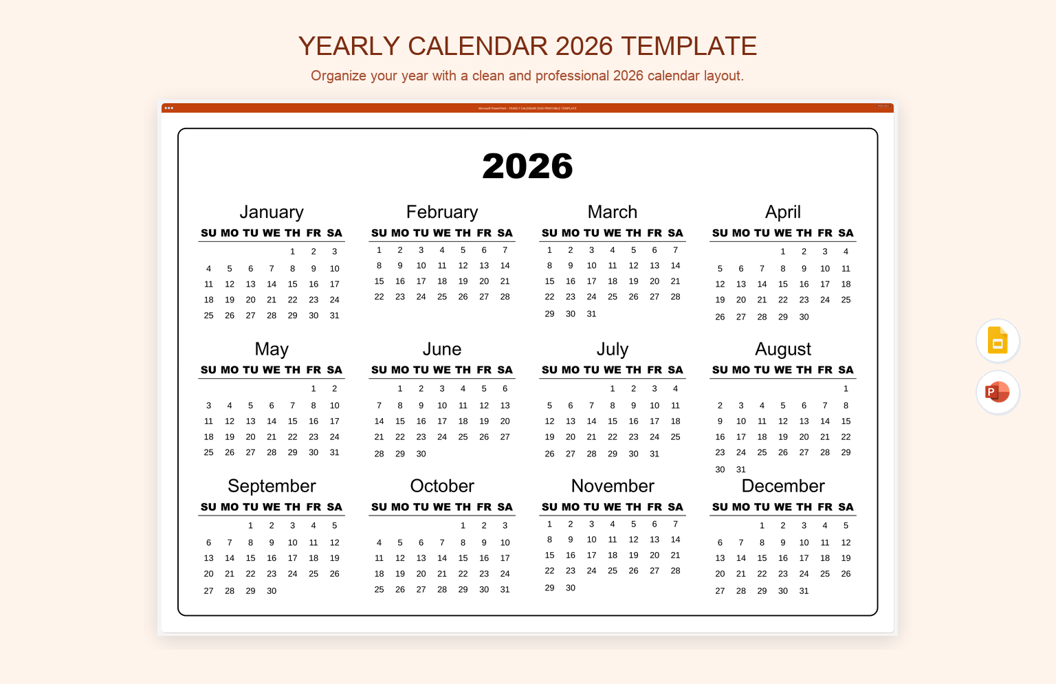 Yearly Calendar 2026 Template