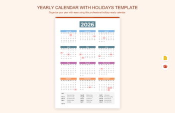 Yearly Calendar with Holidays Template