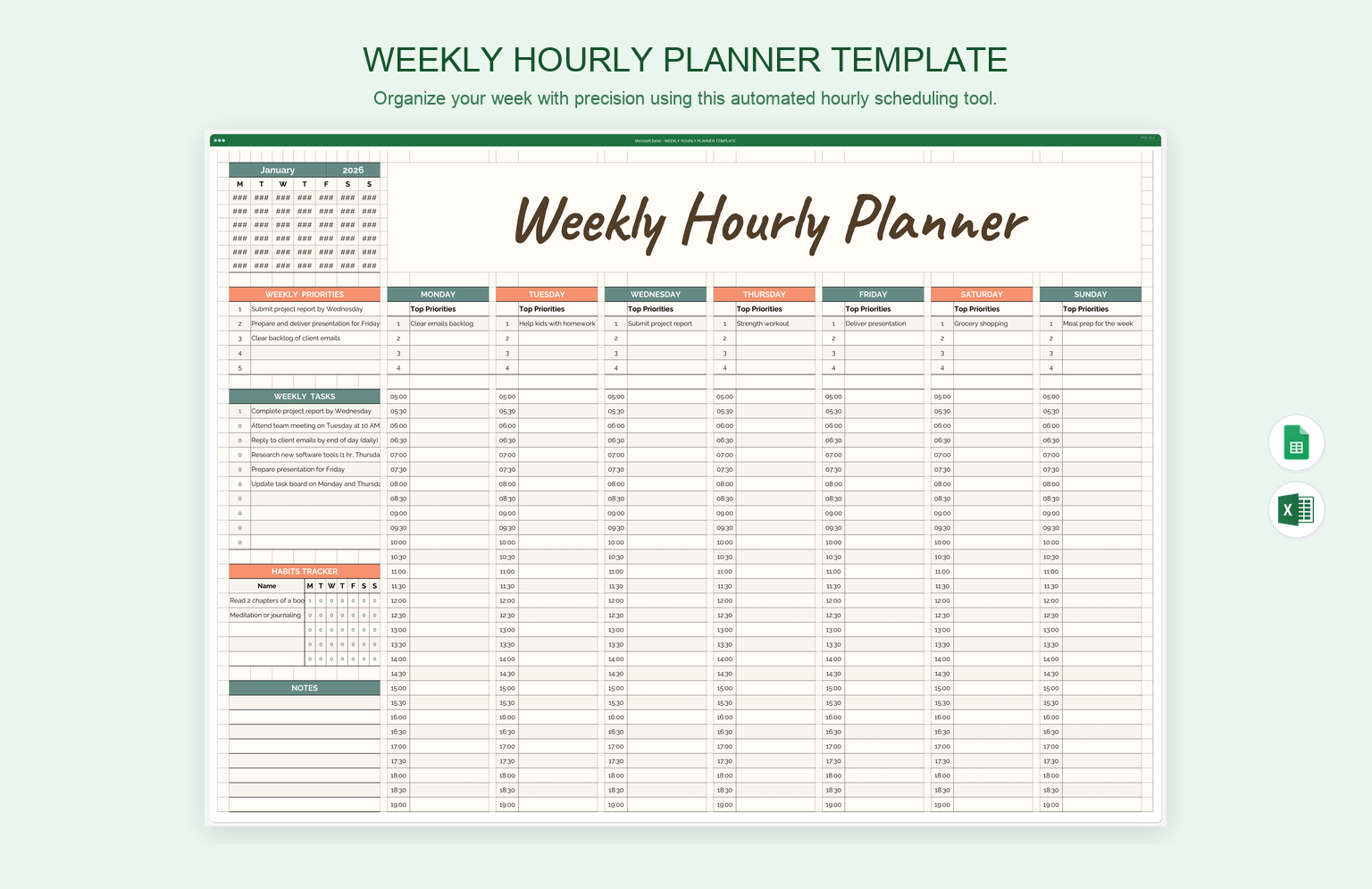 Weekly Hourly Planner Template product preview thumbnail